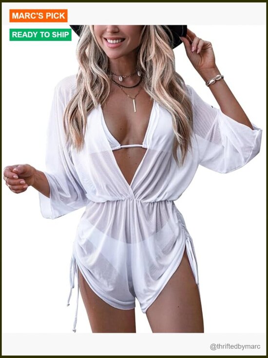 Other - Deep V-Neck Sheer Drawstring Swim Romper Cover Up